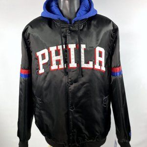 PHILADELPHIA PHILA 76ERS Hooded Starter Snap Down Jacket XL BLACK